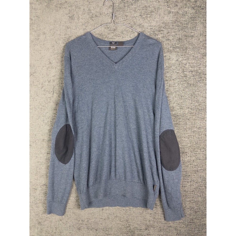 Boss Pullover Sweater Mens L Blue Knit V Neck Elbow Patch Casual